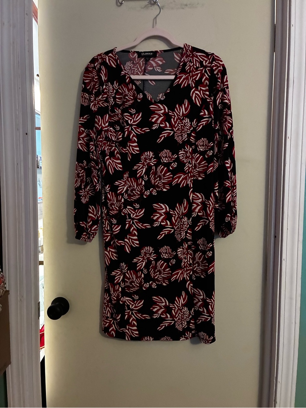 Glamour Black Dress with Red Floral Print - V-Neck Long Sleeve